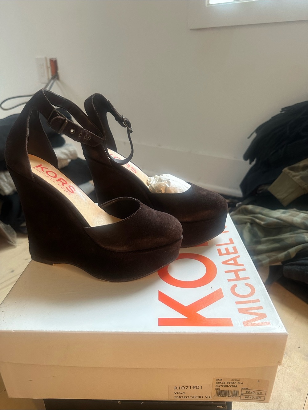 Michael Kors Dark Brown Suede Platform Wedges with Ankle Strap
